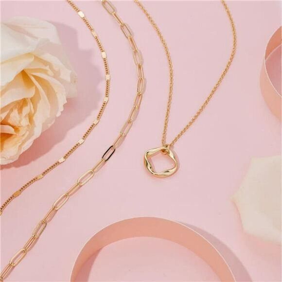 Layered Gold Necklace Set Dainty Paperclip Chain Cross Circle Pendant Jewelry - Picture 6 of 8